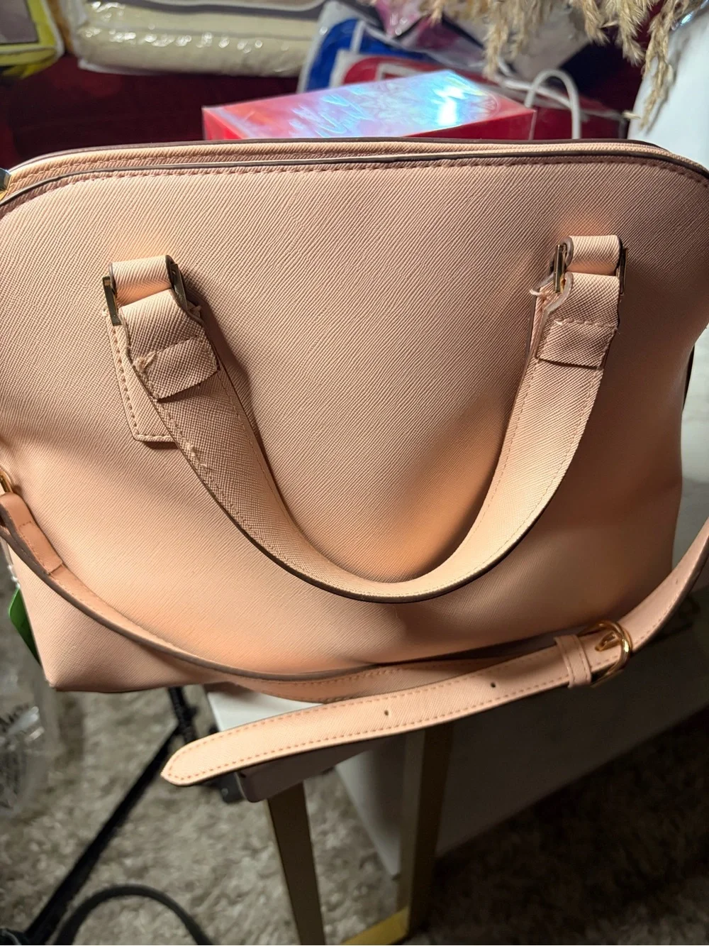 Women's Satchel Bag with Gold Heart Accent - Blush Peach